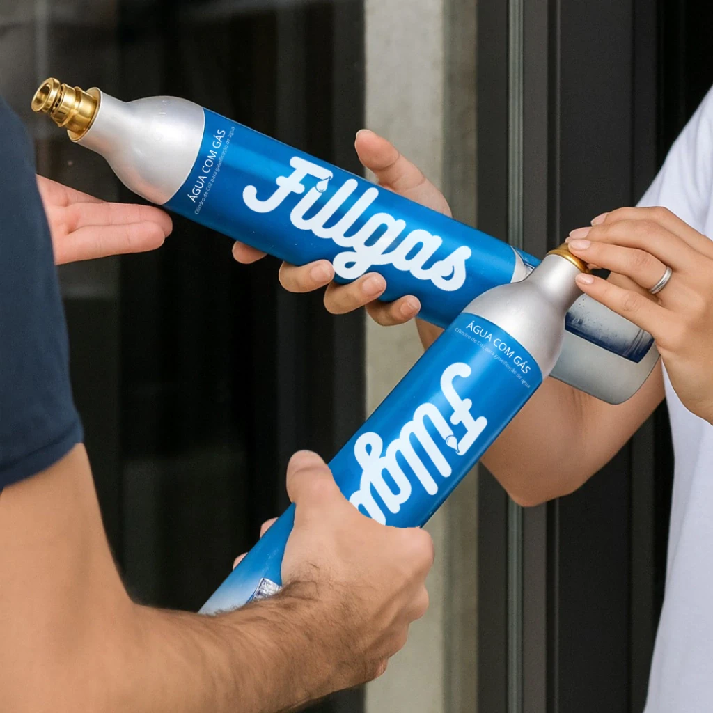 Cilindros de CO₂ Fillgas para máquina de água com gás sendo trocados — refil com coleta e entrega
